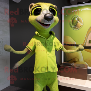 Lime Green Meerkat mascot costume character dressed with a Henley Tee and Tie pins