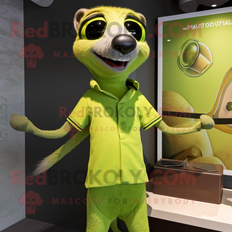 Lime Green Meerkat mascot costume character dressed with a Henley Tee and Tie pins