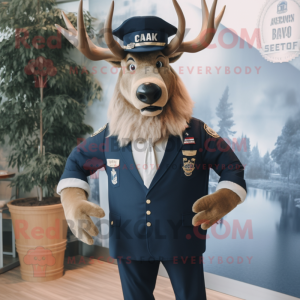 Navy Elk mascot costume character dressed with a Blazer and Hat pins