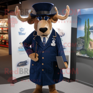 Navy Elk mascot costume character dressed with a Blazer and Hat pins