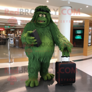 Green Sasquatch mascot costume character dressed with a Empire Waist Dress and Briefcases