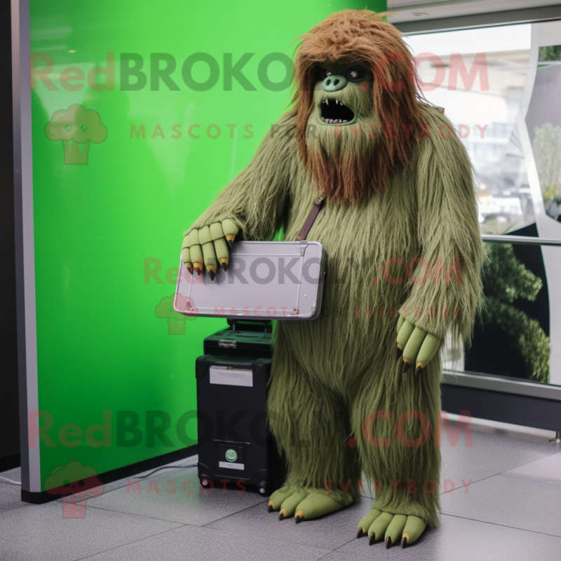 Green Sasquatch mascot costume character dressed with a Empire Waist Dress and Briefcases Green Sasquatch mascot costume character dressed with a Empire Waist Dress and Briefcases