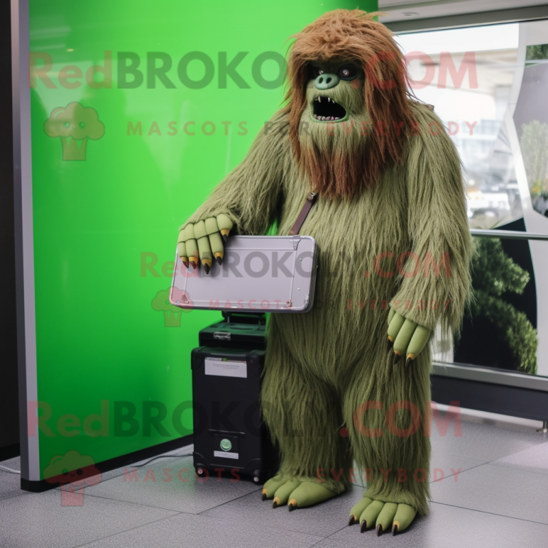 Green Sasquatch mascot costume character dressed with a Empire Waist Dress and Briefcases