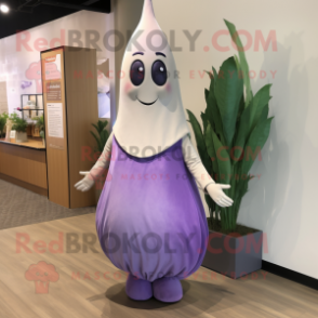 Lavender Pear mascot costume character dressed with a Sheath Dress and Wraps