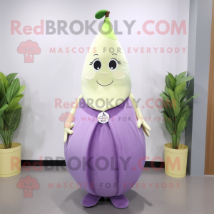 Lavender Pear mascot costume character dressed with a Sheath Dress and Wraps