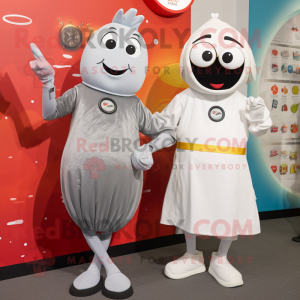 Silver Shakshuka mascot costume character dressed with a Shift Dress and Smartwatches