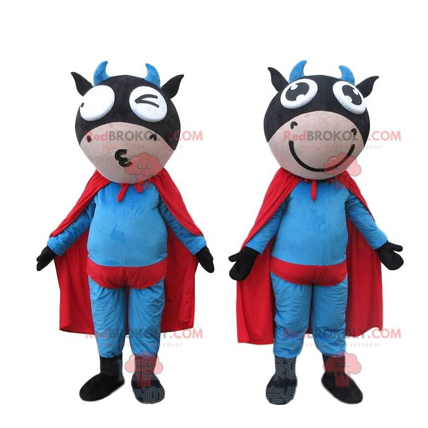 2 mascotes vacas de super-heróis, fantasias de super-heróis -