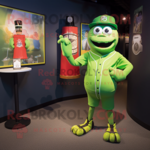 Lime Green Green Beer mascot costume character dressed with a Baseball Tee and Belts