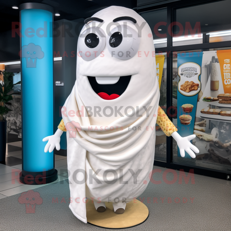 White Burgers mascot costume character dressed with a Cover-up and Scarves White Burgers mascot costume character dressed with a Cover-up and Scarves