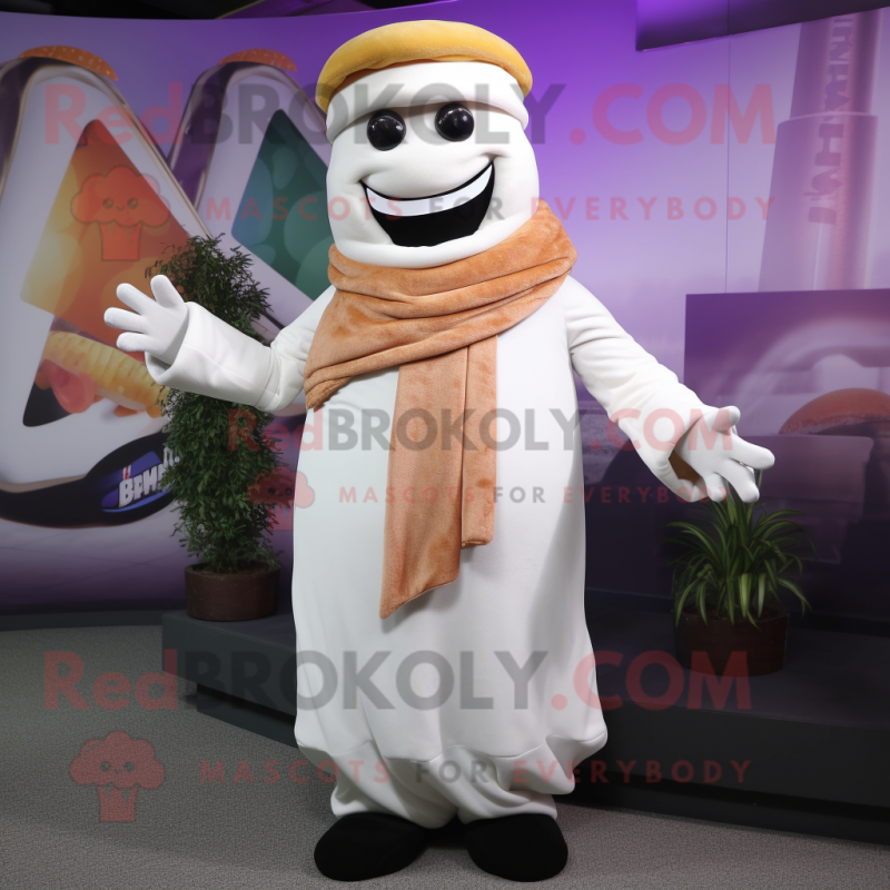 White Burgers mascot costume character dressed with a Cover-up and Scarves White Burgers mascot costume character dressed with a Cover-up and Scarves