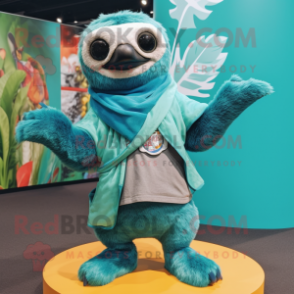 Turquoise Sloth mascot costume character dressed with a Flare Jeans and Shawls