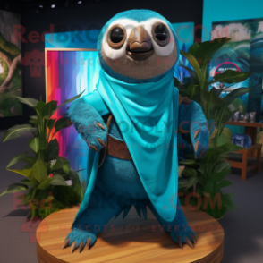 Turquoise Sloth mascot costume character dressed with a Flare Jeans and Shawls