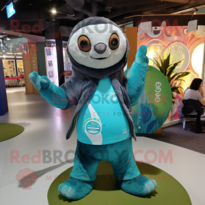 Turquoise Sloth mascot costume character dressed with a Flare Jeans and Shawls