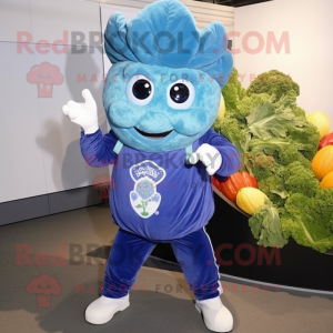 Blue Cauliflower mascot costume character dressed with a Flare Jeans and Wraps