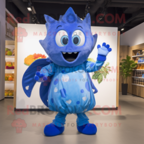 Blue Cauliflower mascot costume character dressed with a Flare Jeans and Wraps