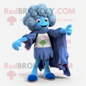 Blue Cauliflower mascot costume character dressed with a Flare Jeans and Wraps