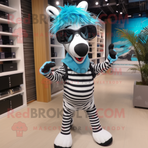 Cyan Zebra mascot costume character dressed with a Jeans and Sunglasses