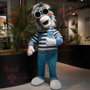 Cyan Zebra mascot costume character dressed with a Jeans and Sunglasses