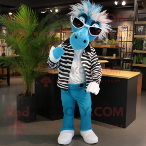 Cyan Zebra mascot costume character dressed with a Jeans and Sunglasses
