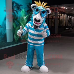 Cyan Zebra mascot costume character dressed with a Jeans and Sunglasses