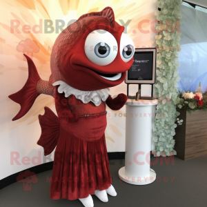 Maroon Salmon mascot costume character dressed with a Wedding Dress and Digital watches