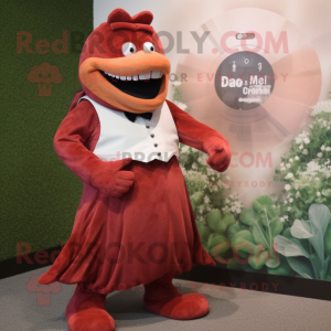 Maroon Salmon mascot costume character dressed with a Wedding Dress and Digital watches