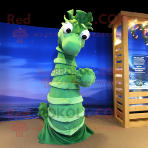 Olive Sea Horse mascot costume character dressed with a Evening Gown and Scarf clips