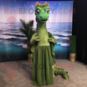 Olive Sea Horse mascot costume character dressed with a Evening Gown and Scarf clips