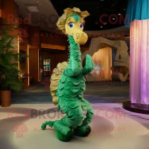 Olive Sea Horse mascot costume character dressed with a Evening Gown and Scarf clips
