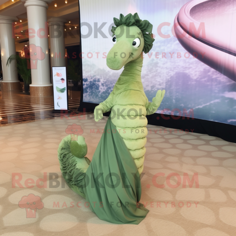 Olive Sea Horse mascot costume character dressed with a Evening Gown and Scarf clips