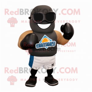 Black Boxing Glove mascot costume character dressed with a Board Shorts and Reading glasses