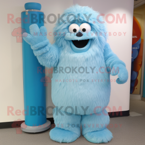 Sky Blue Yeti mascot costume character dressed with a A-Line Dress and Cummerbunds