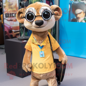 Tan Meerkat mascot costume character dressed with a T-Shirt and Keychains