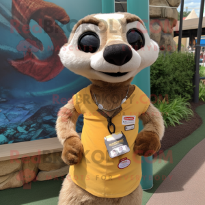 Tan Meerkat mascot costume character dressed with a T-Shirt and Keychains