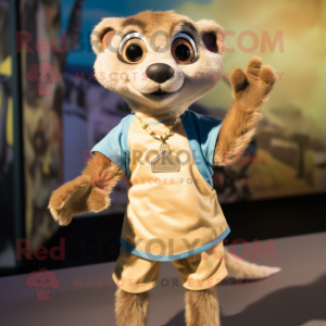 Tan Meerkat mascot costume character dressed with a T-Shirt and Keychains