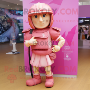 Pink Roman Soldier mascot costume character dressed with a Blouse and Backpacks