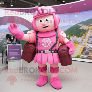 Pink Roman Soldier mascot costume character dressed with a Blouse and Backpacks