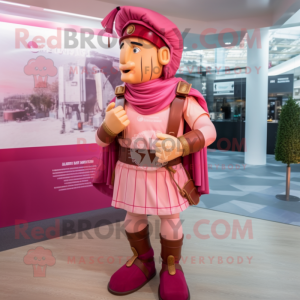 Pink Roman Soldier mascot costume character dressed with a Blouse and Backpacks