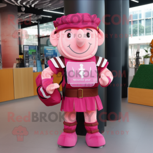 Pink Roman Soldier mascot costume character dressed with a Blouse and Backpacks