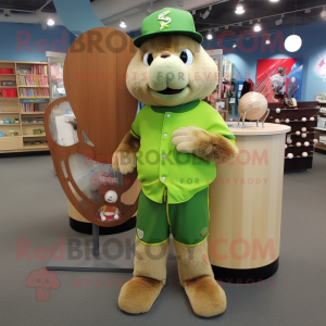 Lime Green Beaver mascot costume character dressed with a Baseball Tee and Coin purses