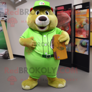 Lime Green Beaver mascot costume character dressed with a Baseball Tee and Coin purses