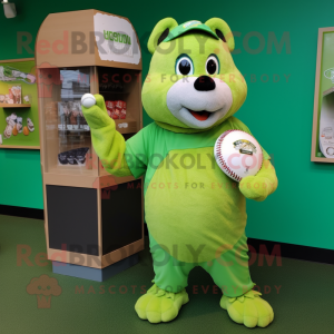 Lime Green Beaver mascot costume character dressed with a Baseball Tee and Coin purses