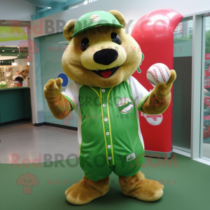 Lime Green Beaver mascot costume character dressed with a Baseball Tee and Coin purses