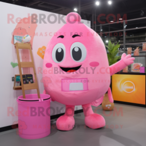 Pink Squash mascot costume character dressed with a Overalls and Coin purses