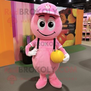 Pink Squash mascot costume character dressed with a Overalls and Coin purses