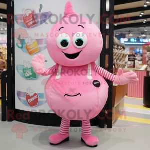 Pink Squash mascot costume character dressed with a Overalls and Coin purses