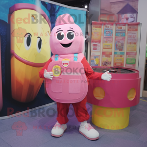 Pink Squash mascot costume character dressed with a Overalls and Coin purses