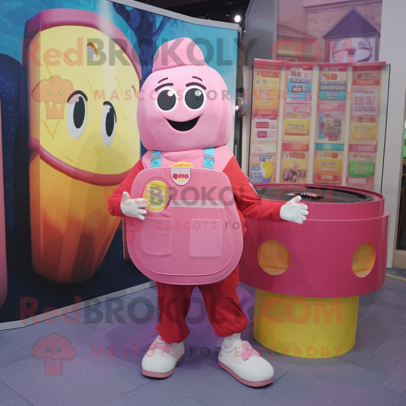 Pink Squash mascot costume character dressed with a Overalls and Coin purses Pink Squash mascot costume character dressed with a Overalls and Coin purses