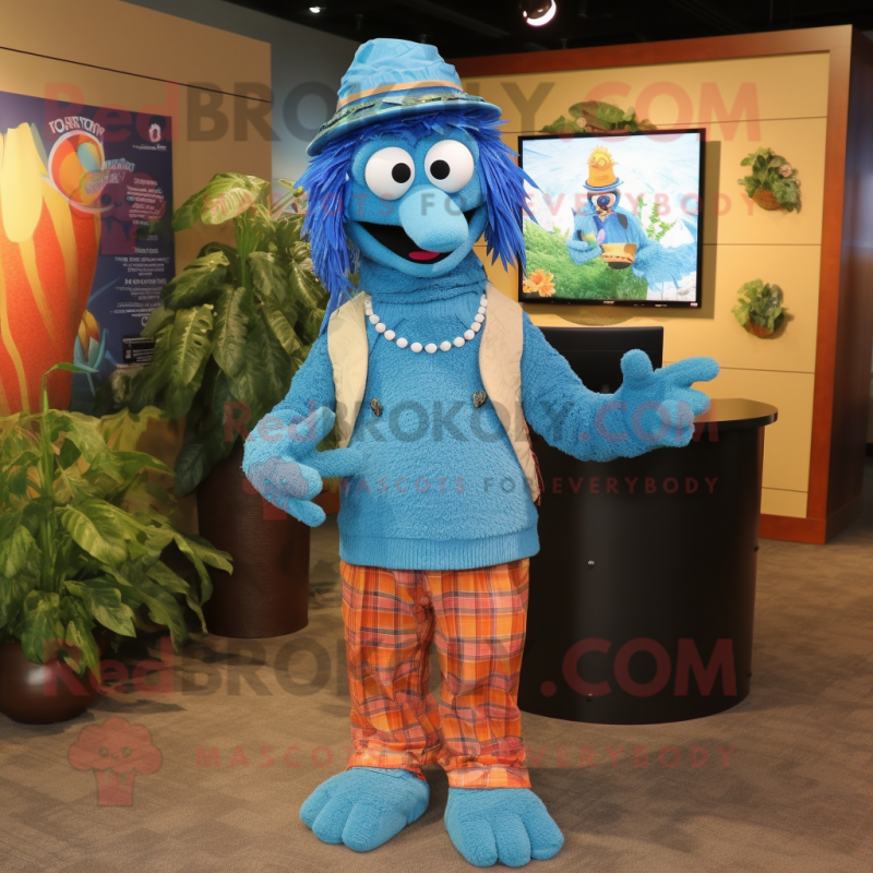 Blue Jambalaya mascot costume character dressed with a Cardigan and Belts Blue Jambalaya mascot costume character dressed with a Cardigan and Belts