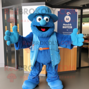 Blue Jambalaya mascot costume character dressed with a Cardigan and Belts